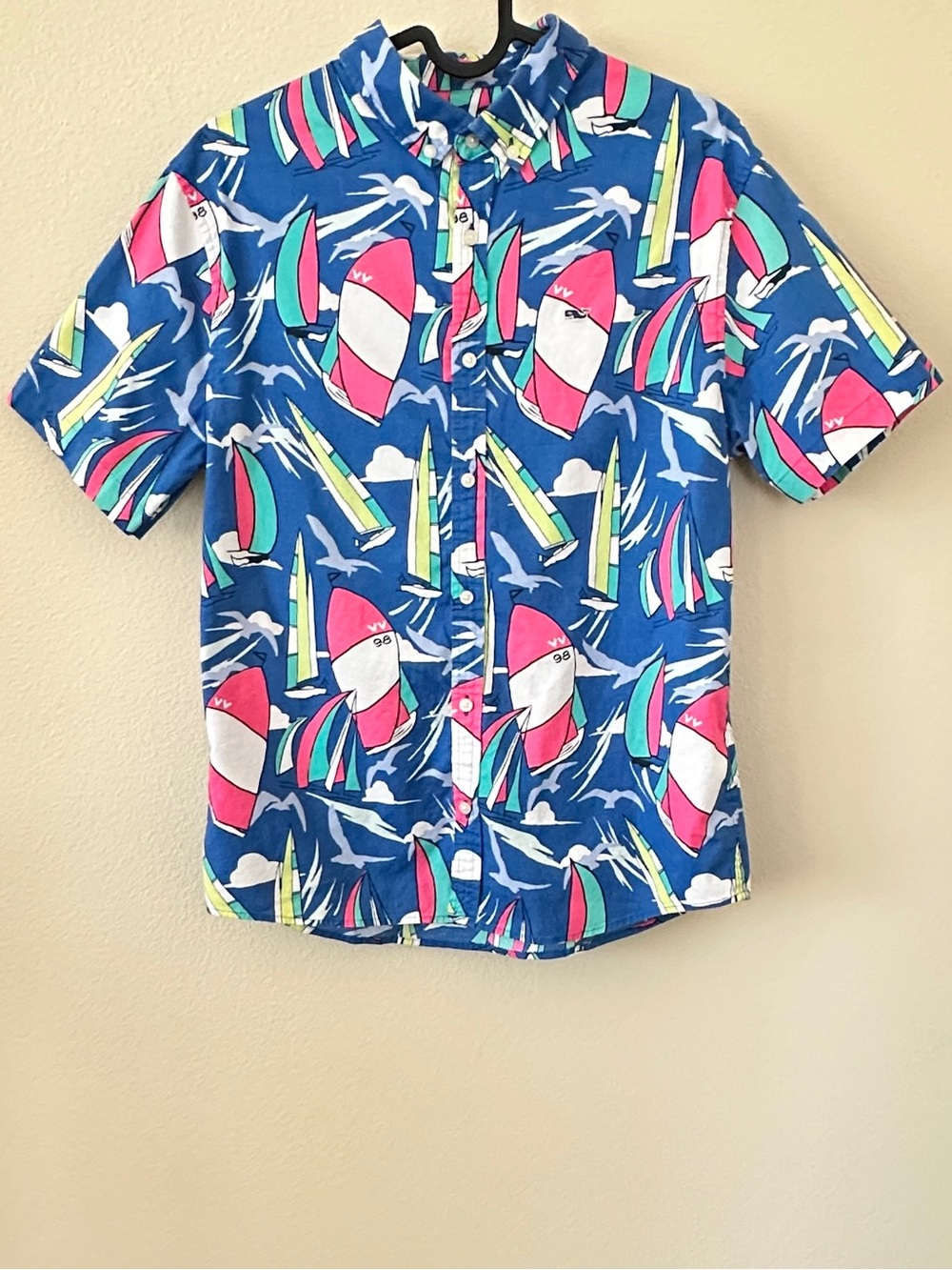 Vineyard Vines Boy’s Blue Short-Sleeve Sailboat Print Button-Down Shirt Size XL
